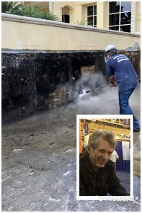 Water blaster removing concrete, inset portrait image of CEO.